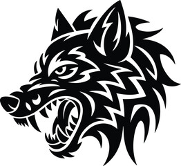 Fierce wolf head logo, tribal tattoo design, angry wild animal vector, aggressive predator snarling with sharp teeth, isolated illustration.
