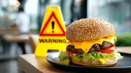 Obesity epidemic in fast-food culture, oversized portions and sedentary lifestyles, health campaigns promoting exercise, cautionary illustration with bold warnings, contemporary st