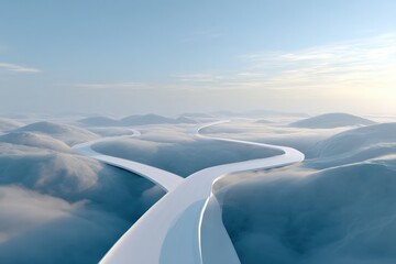 Futuristic sky pathway over clouds in serene blue horizon