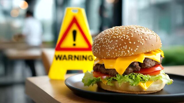 Obesity epidemic in fast-food culture, oversized portions and sedentary lifestyles, health campaigns promoting exercise, cautionary illustration with bold warnings, contemporary st