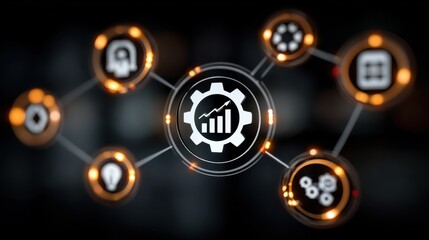 Man's finger interacting with digital business model concept hexagons displaying innovation, resources, customers, strategy and finance