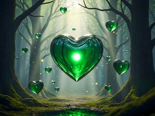 Glistening green hearts float gracefully in an enchanted forest