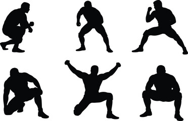 Set of black vector silhouettes of a wrestler man in various fighting poses, ready to fight, isolated on white background.
