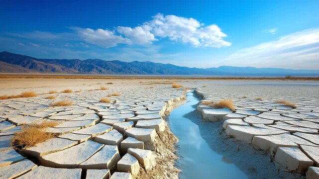 Megadroughts drying up reservoirs, cracked lake beds and water rationing, Western US crisis, arid landscapes with desperate communities, climate adaptation story, photorealistic, b