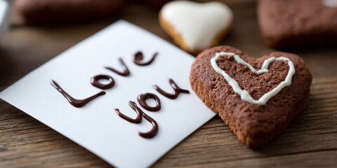 Heart-shaped chocolate cookie with love you message on wooden table