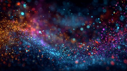 Holiday background with colorful glowing particles creating a festive light sparkle effect and soft bokeh glow for celebrations, seasonal greeting designs, and elegant winter holiday graphics