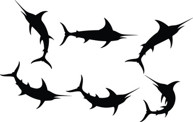 Collection of black swordfish silhouettes, atlantic marlin vector illustration set, deep sea fishing symbols, isolated on white background.