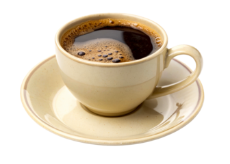Closeup of a steaming cup of dark coffee with rich foam and bubbles resting on a matching saucer, perfect for beverage advertising and morning refreshment themes.