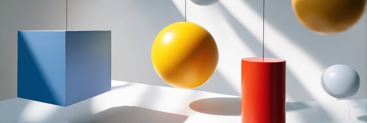 Geometric shapes in minimalist sunlit space with blue cube, yellow sphere, red cylinder