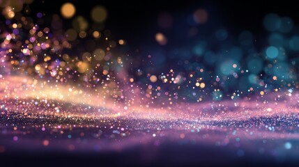 Holiday background with colorful glowing particles creating a festive light sparkle effect and soft bokeh glow for celebrations, seasonal greeting designs, and elegant winter holiday graphics