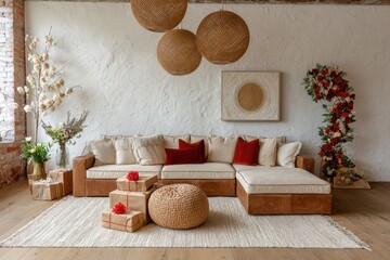 Cozy living room with warm lighting, featuring eco-friendly gifts wrapped in kraft paper, reusable decorations, and a festive atmosphere of sustainability