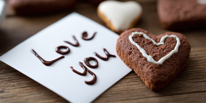 Heart-shaped chocolate cookie with love you message on wooden table