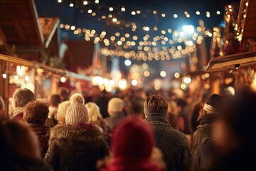 Cozy winter market scene filled with joyful crowds, twinkling fairy lights overhead, and wooden stalls selling hot beverages, creating a warm, inviting atmosphere