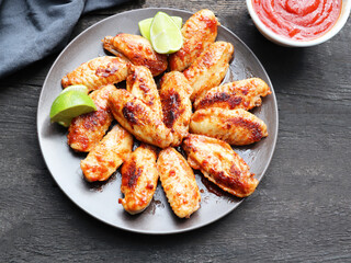 American cuisine, fried chicken wings barbecue in glaze sauce. 