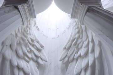 Abstract angel wings in marble hallway with dramatic architectural design