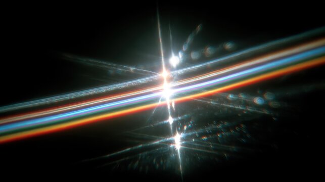 Light leak overlay with bokeh rainbow effect and noisy film texture flare on black background, abstract colorful background