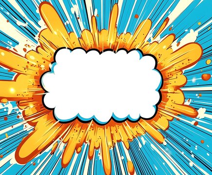 Comic-style explosion with white speech bubble on a colorful dotted background. Pop art template for poster, banner, greeting card, invitation