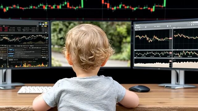 Young child analyzes stock market trends at home using dual computer monitors showing financial charts and data - Powered by Adobe