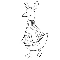 Christmas Goose in Reindeer Antlers Line Art