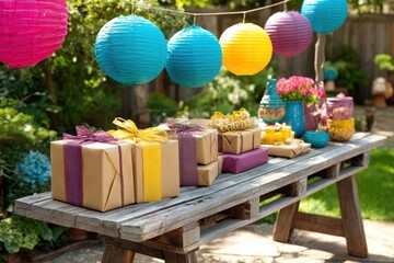 Brightly lit outdoor setting with a rustic wooden table, displaying kraft-wrapped presents, colorful reusable ornaments, and a backdrop of greenery, celebrating an eco-conscious New Year