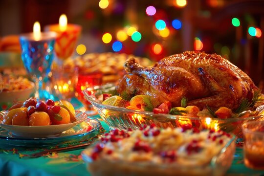 Cheerful holiday dining scene with a golden-brown turkey centerpiece, colorful desserts, twinkling fairy lights, and a mix of glass and ceramic dishes for a warm, inviting mood