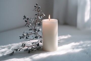 Minimalistic festive setup showcasing a solitary branch and a softly glowing candle, surrounded by muted colors, gentle shadows, conveying tranquility and warmth