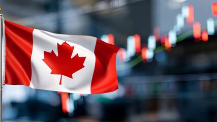 Canadian flag waving in front of stock market data showing trends and fluctuations in a busy financial district during the day - Powered by Adobe