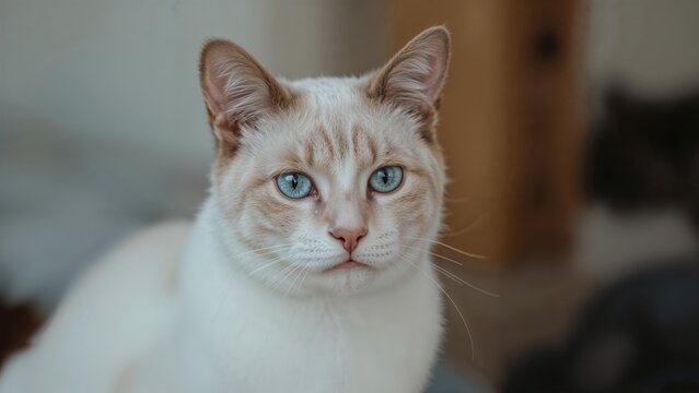 A close-up of a cat with blue eyes and cream-colored fur. - Powered by Adobe