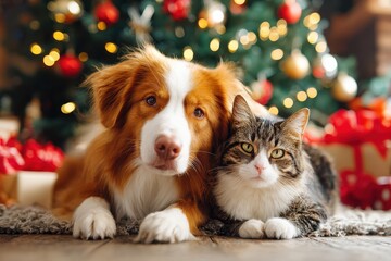 A dog and cat snuggled together under a brightly lit Christmas tree, surrounded by colorful ornaments and gifts, radiating warmth and holiday cheer