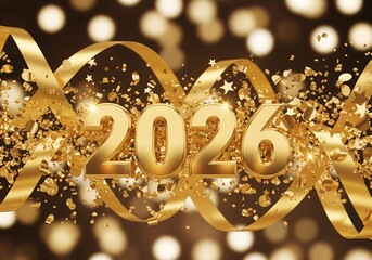 Naklejka premium Ultimate Golden Celebration: Shiny 2026 Numbers Swirling in a Cascade of Gold Confetti, Ribbons, and Bokeh Lights