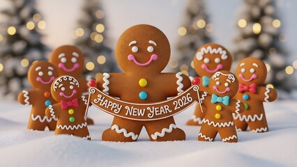 Gingerbread men celebrating new year 2024 with festive decorations
