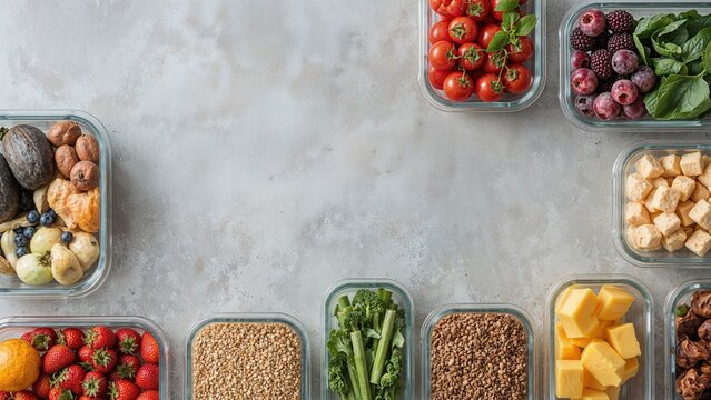 Various fresh fruits, vegetables, and grains in glass containers arranged on a light surface.
