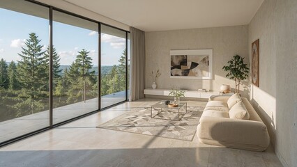 Spacious living room with large floor-to-ceiling windows overlooking trees, modern furniture, and a minimalist decor with a picture and plant.