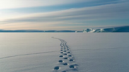 Vast empty ice field stretching toward an ice shelf with footprints in snow