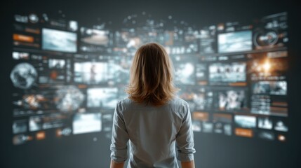 Girl envisioning the internet standing before digital displays showcasing web content, animated applications and a high-quality realistic view of online entertainment