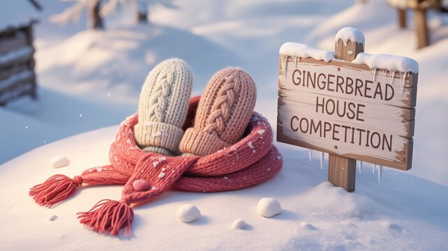 Whimsical watercolor illustration showing mittens scarf and a gingerbread house competition sign