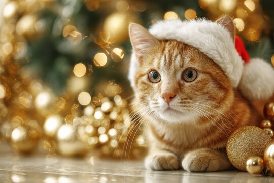 A curious cat adorned with a Santa hat lounges near a sparkling Christmas tree, soft golden lights reflecting off shiny ornaments, evoking a joyful mood