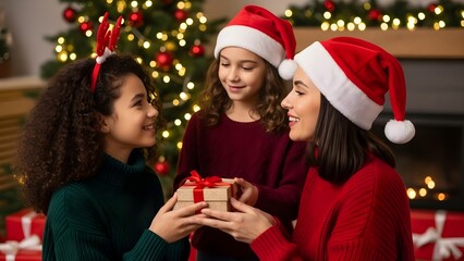 Mother and daughters exchanging Christmas gifts near a decorated tree