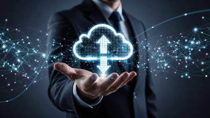Businessman holding glowing cloud with upload download arrows and network technology