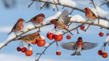 Delightful winter scene of adorable finches feasting on snow-covered red berries, a charming and cheerful nature moment perfect for holiday or seasonal themes