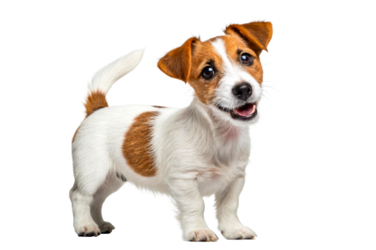 Adorable young Jack Russell Terrier puppy with playful expression standing and looking at camera, perfect for petrelated marketing and editorial use.