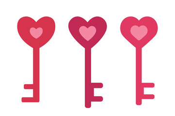 Set of valentine's day heart shape key flat vector illustration.
Love key element clipart.
White background.