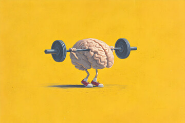 Brain character lifting weights on yellow background – creative fitness concept for motivation