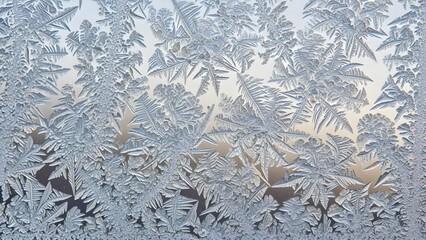 Stunning frost patterns creating intricate designs on a window pane, perfect for winter backgrounds or abstract design projects with a cool, icy aesthetic