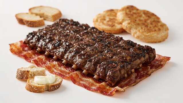 Images of barbecue ribs, bacon, toasted bread, and small breadsticks.