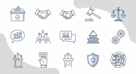Collection of Political and Legal Icons Representing Democracy and Justice.