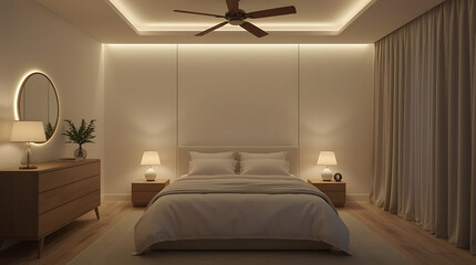 Elegant bedroom interior design promoting relaxation and restful sleep in a neutral toned space, perfect for lifestyle and real estate marketing campaigns
