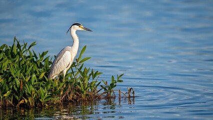 Fototapeta premium Heron standing among green plants at the edge of a lake or river. Water body scenery with aquatic vegetation. Nature and wildlife habitat.