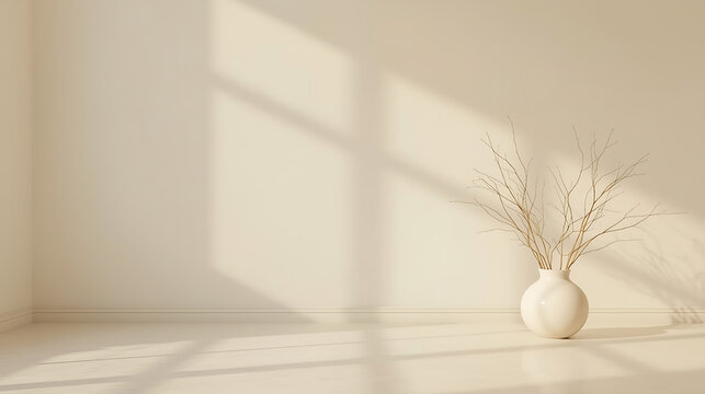 Minimalist interior decor with sunlight and vase, ideal for lifestyle blogs or serene home design projects, offering calm and organic modern vibes