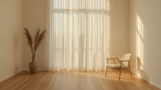Cozy modern living space bathed in soft sunlight, minimalist chair and pampas grass creating a serene, inviting atmosphere for relaxation and contemplation - Powered by Adobe
